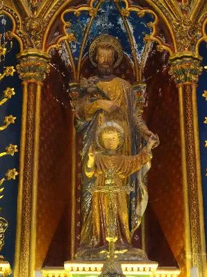 3 statue style néo ; gothique : Saint Joseph et l'Enfant Jésus, deux anges