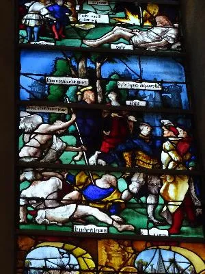 Vitrail Baie 6 : Oeuvres de Miséricorde dans l'église Sainte-Jeanne-d'Arc de Rouen