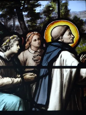 Vitrail Baie 12 : St Dominique recevant le Rosaire dans l'Église Saint-Martin de Martin-Église