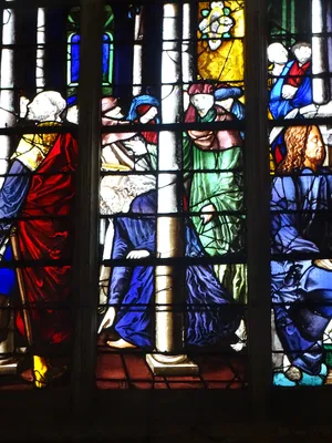 Vitrail Baie B : La femme adultère, la Samaritaine, La Transfiguration dans l'Église Notre-Dame de Caudebec-en-Caux