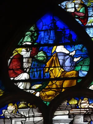 Vitrail Baie B : La femme adultère, la Samaritaine, La Transfiguration dans l'Église Notre-Dame de Caudebec-en-Caux