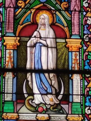 Vitrail Baie M : L'Immaculée Conception dans l'Abbatiale Saint-Sauveur à Montivilliers